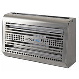 Metallic industrial light fixture with 'IND35 LED' branding on a white background